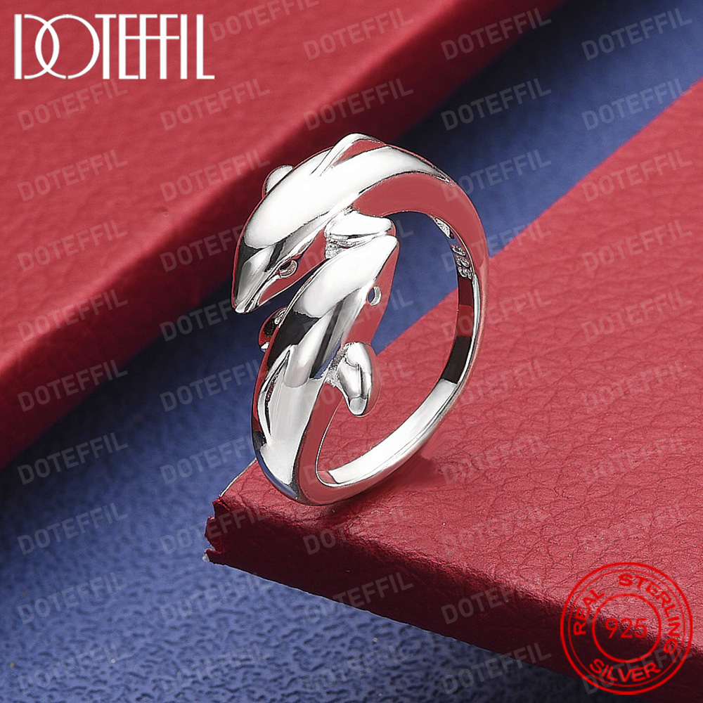 Statement Cocktail Ring - 925 فضة مزدوجة دولفين سحر امرأة